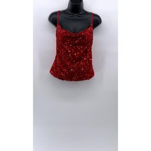 EXPRESS Women's Red Sequin Embellished V-Neck Spaghetti Strap Glam Top SZ S